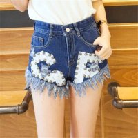 格缇妃 ぶ2016新款街拍重工钉珠字母印花个性破洞流苏毛边牛仔短裤