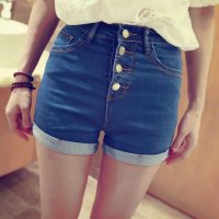 格缇妃 ぶ#2016夏韩版时尚排扣翻边显瘦高腰弹力牛仔短裤热裤613