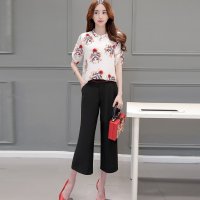 格缇妃 ぶ新款女装夏装潮两件套真丝雪纺短袖显瘦阔腿裤休闲时尚套1296#