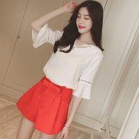 格缇妃 ぶ1809#夏季新款女装珍珠吊坠镂空荷叶边喇叭袖上衣雪纺衫短袖夏装