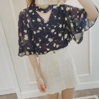 格缇妃 ぶ2016夏季新款复古花色印花气质镂空V领雪纺衫女飞飞袖套头衬6072#