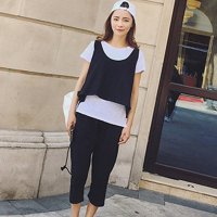 格缇妃 ぶ5078# 三件套 圆领短袖t恤 宽松短款背心 纯色休闲裤七分裤