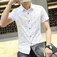 格缇妃 ぶ夏季短袖男装印花衬衫韩版时尚男士寸衫 青少年修身学生休闲衬衣