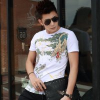 格缇妃 ぶ夏装新款男士印花短袖T恤中国风修身半截袖青年大码体恤8162#