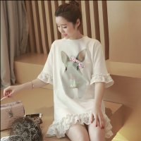 格缇妃 ぶ9021#新款孕妇装百搭兔子印花蝴蝶结显瘦孕妇T恤蕾丝拼接孕妇裙