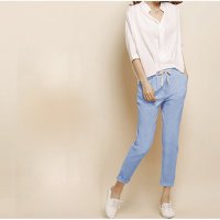格缇妃 ぶ9057#亚麻九分哈伦松紧腰宽松棉麻女装韩版休闲小脚女裤.