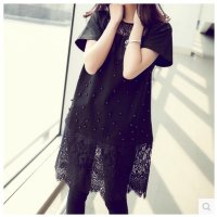 格缇妃 ぶ胖MM大码女装夏季上衣服女蕾丝打底衫显瘦中长款t恤女短袖8148#