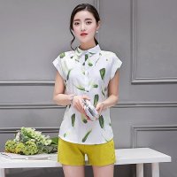 格缇妃 加大码女装雪纺套装夏新款胖mm印花雪纺衫阔腿短裤两件套ぶ5193