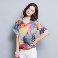 格缇妃 ぶ1010夏装新款韩版荷叶边上衣圆领宽松水墨印花短袖雪纺衫女.
