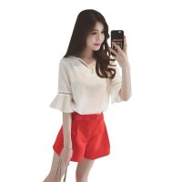 格缇妃 ぶ1809#夏季新款女装珍珠吊坠镂空荷叶边喇叭袖上衣雪纺衫短袖夏装.