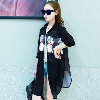 格缇妃 ぶ2016夏季女中长款外套韩版宽松大码长袖雪纺衫薄披肩开衫.