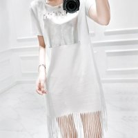 格缇妃 ぶ2016夏装女装圆领短袖中长款流苏铆钉字母T恤连衣裙大码.