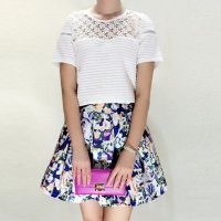 格缇妃 ぶ夏季新款蕾丝修身显瘦气质短袖套装裙印花两件套连衣裙子女装6023.