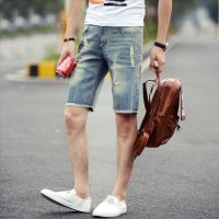 格缇妃 ぶ夏季男士薄款牛仔破洞五分短裤直筒破洞男中裤子青少年#0658.