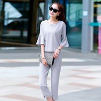 格缇妃 ぶ孕妇装夏韩版休闲时尚套装女荷叶边喇叭袖大码女装两件套.