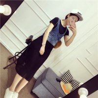 格缇妃 ぶ新款女装韩版双口袋短款牛仔马甲+拼接雪纺百褶连衣长裙.