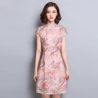 格缇妃 2016夏季新款女装印花欧根纱连衣裙修身短袖旗袍碎花裙9029#