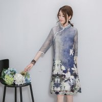 格缇妃 2016新款立领五分袖复古印花改良旗袍连衣裙8257#