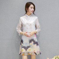 格缇妃 2016夏装中国风改良版旗袍印花修身连衣裙时尚立领中长裙ぶ3626#