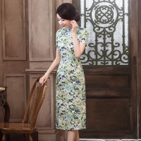 格缇妃 ぶ2016新款长款亚麻旗袍时尚复古连衣裙短袖旗袍#1603