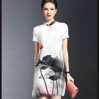 格缇妃 ぶ旗袍裙2016夏装新款女复古短袖修身印花连衣裙