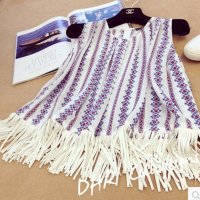 格缇妃 ぶ5518# 韩版民族风花色拼接PU皮流苏背心雪纺衫