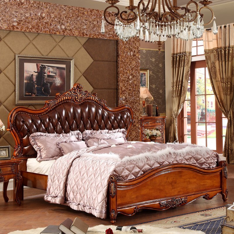 永旭家具 美式实木床乡村复古欧式双人床真皮床全实木1.8米9906