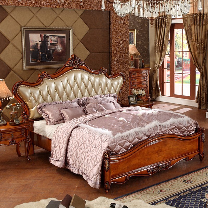 永旭家具 美式实木床乡村复古欧式双人床真皮床全实木床1.8米9905
