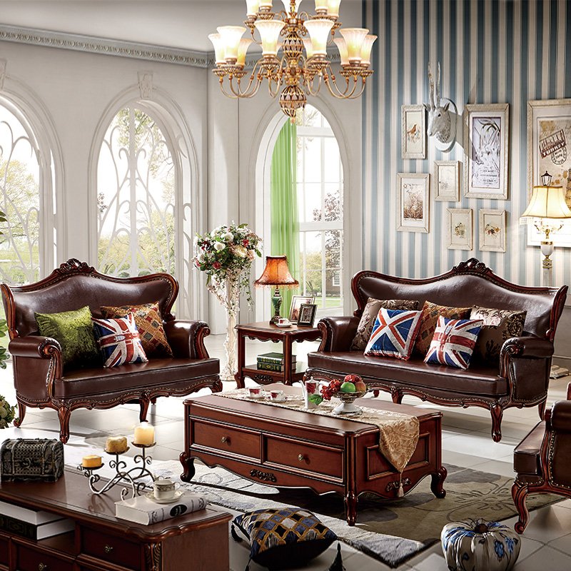 永旭家具 美式真皮沙发 客厅沙发组合 实木雕花8803 1+2+3组合