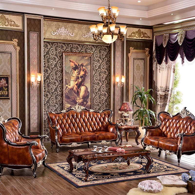 永旭家具 客厅美式真皮沙发组合套装别墅进口头层黄牛皮实木橡木框架精美雕花8805 1+1+3组合