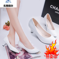 四季女职业黑白色浅口工作高跟中跟小皮鞋子单鞋粗跟圆头白领