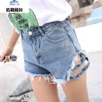 牛仔短裤女夏2018新款韩版高腰宽松学生显瘦侧面破洞热裤