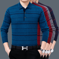 LEEVIRHINO2021年秋季新款中老年男士长袖Polo衫男士商务爸爸装翻领t恤男士T恤男条纹弹力POLO衫男装大码