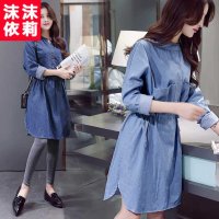 沫沫依莉 2016春装新款女长袖牛仔连衣中裙显瘦简约收腰