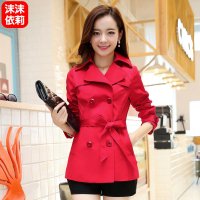 沫沫依莉 春秋装新款韩版时尚修身双排扣中长款女士风衣女翻领长袖直筒女装外套配腰带加大码