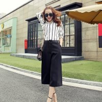 沫沫依莉 2016夏季新款韩版气质条纹阔腿裤时尚套装两件套女装