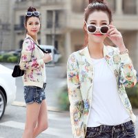 沫沫依莉 2016初夏水墨印花性感韩版修身棒球服短外套女上装