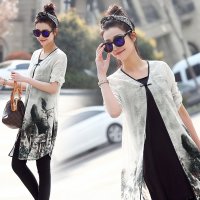 沫沫依莉 2016夏季宽松水墨印花中国风棉麻开衫连衣裙