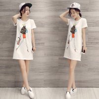 沫沫依莉 T恤2016夏装新款女装卡通时尚韩版图案休闲百搭气质短袖连衣裙打底衫