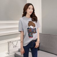 沫沫依莉 春装新款女装2016时尚休闲卡通图案宽松中长圆领打底衫短袖T恤女