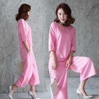 沫沫依莉 时尚套装夏季简约纯色圆领套头七分袖上衣+宽松九分裤套装