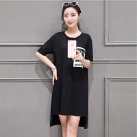 沫沫依莉 中长款短袖T恤女士夏季直筒圆领纯色棉韩版下摆开叉T恤衫