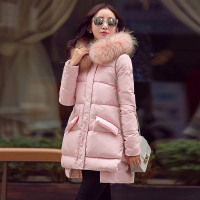 茧竹森 冬装新品大毛领连帽羽绒服女中长款韩版宽松加厚口袋纯色棉服外套