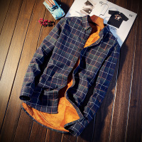 茧竹森 秋冬季新品长袖格子衬衫男装方领单排扣加厚加绒拼接衬衣