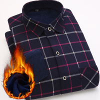 茧竹森 秋冬季新品格子保暖衬衫方领单排扣长袖口袋加厚大码衬衣