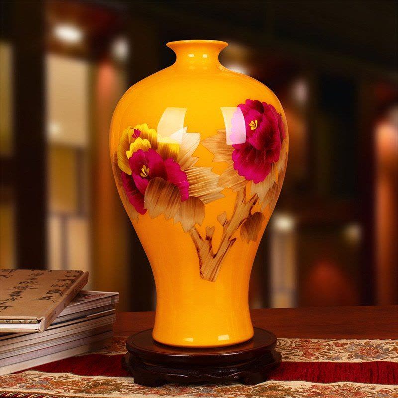 景德镇陶瓷器 麦秆牡丹花瓶 现代时尚工艺品摆件赏瓶 白底安全包装图片