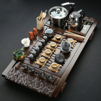 功夫茶具套装 实木柯木祥云茶台四合一电磁炉 功夫茶具套装带带抽水款3杯架祥云白釉紫砂茶具见详情