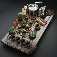 功夫茶具套装 实木柯木祥云茶台四合一电磁炉 功夫茶具套装带带抽水款17杯架祥云冰裂茶具套装见详情