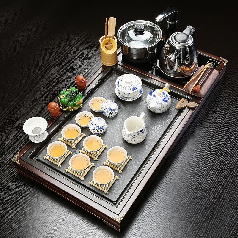 整套家用陶瓷功夫茶具套装特价四合一电磁炉实木茶盘茶台茶海款3禅茶乌金石玲珑图片