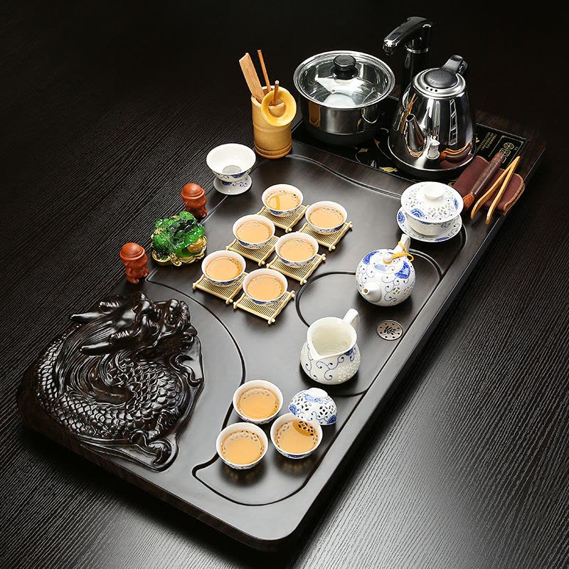 整套家用陶瓷功夫茶具套装特价四合一电磁炉实木茶盘茶台茶海款5马盘绿鱼冰裂图片